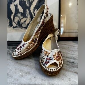 Eric Michael Embroidered Wedge Espadrilles - White and Brown made in Spain